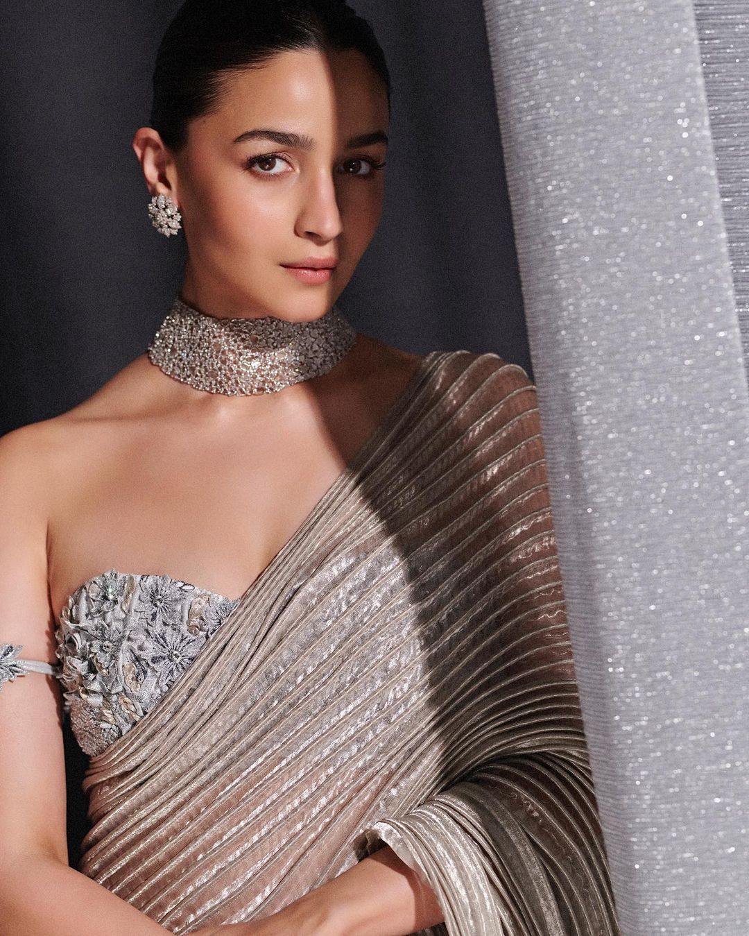 Alia Bhatt - Metallic Silver Corded Silk Saree with Floral Embellished Blouse