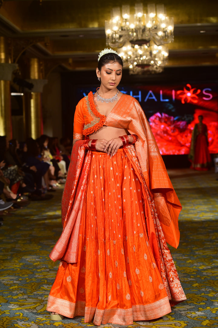 Orange Blouse with Embroidery and Brocade Palla