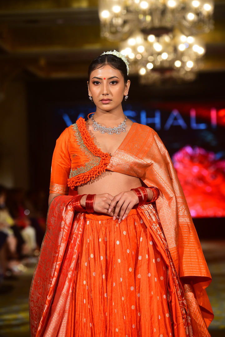 Orange Blouse with Embroidery and Brocade Palla