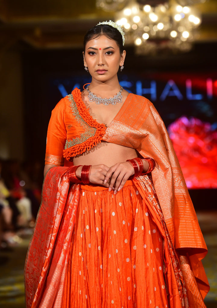 Orange Blouse with Embroidery and Brocade Palla