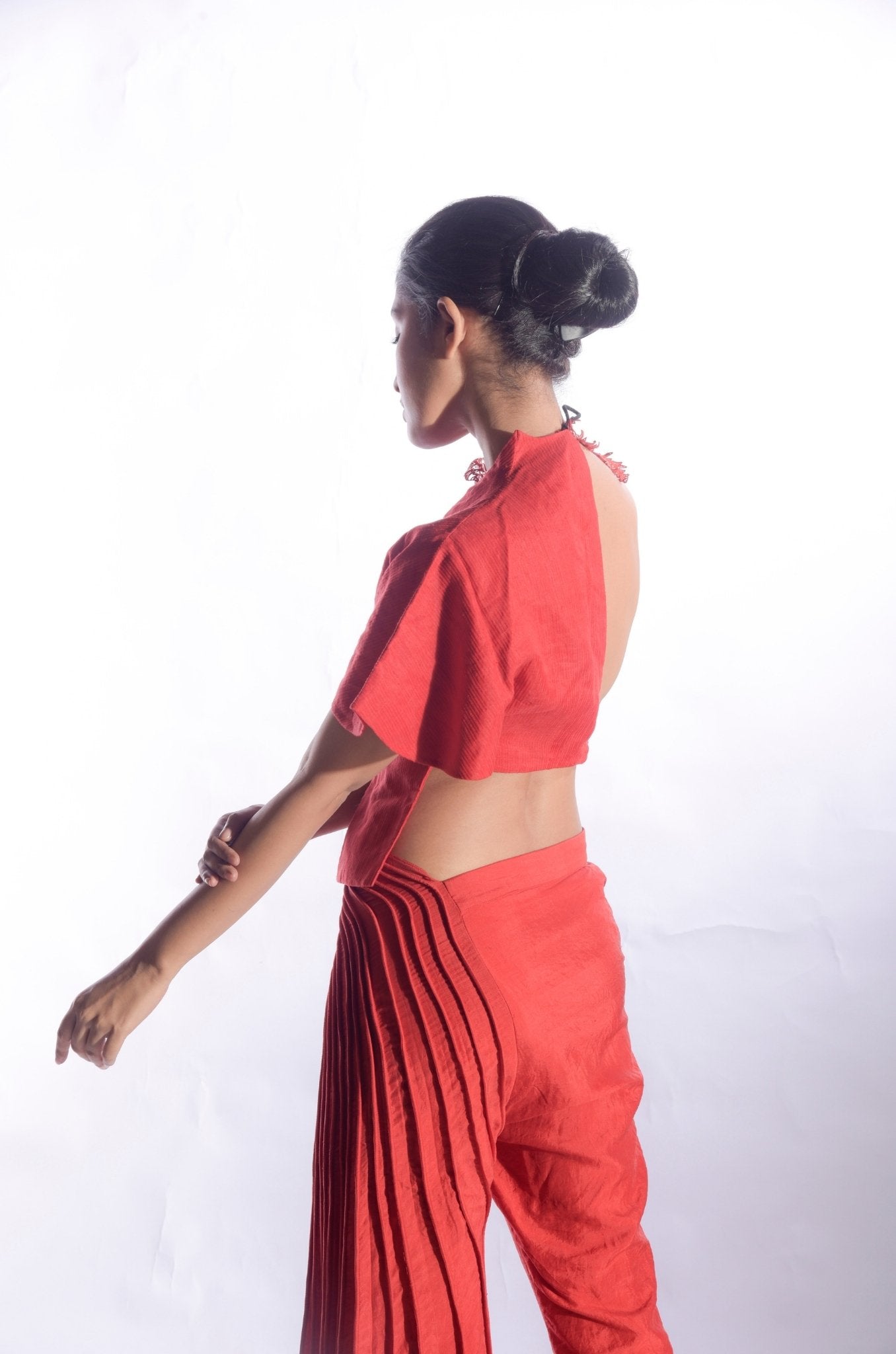 Red Coral Top with Asymmetric Sleeves