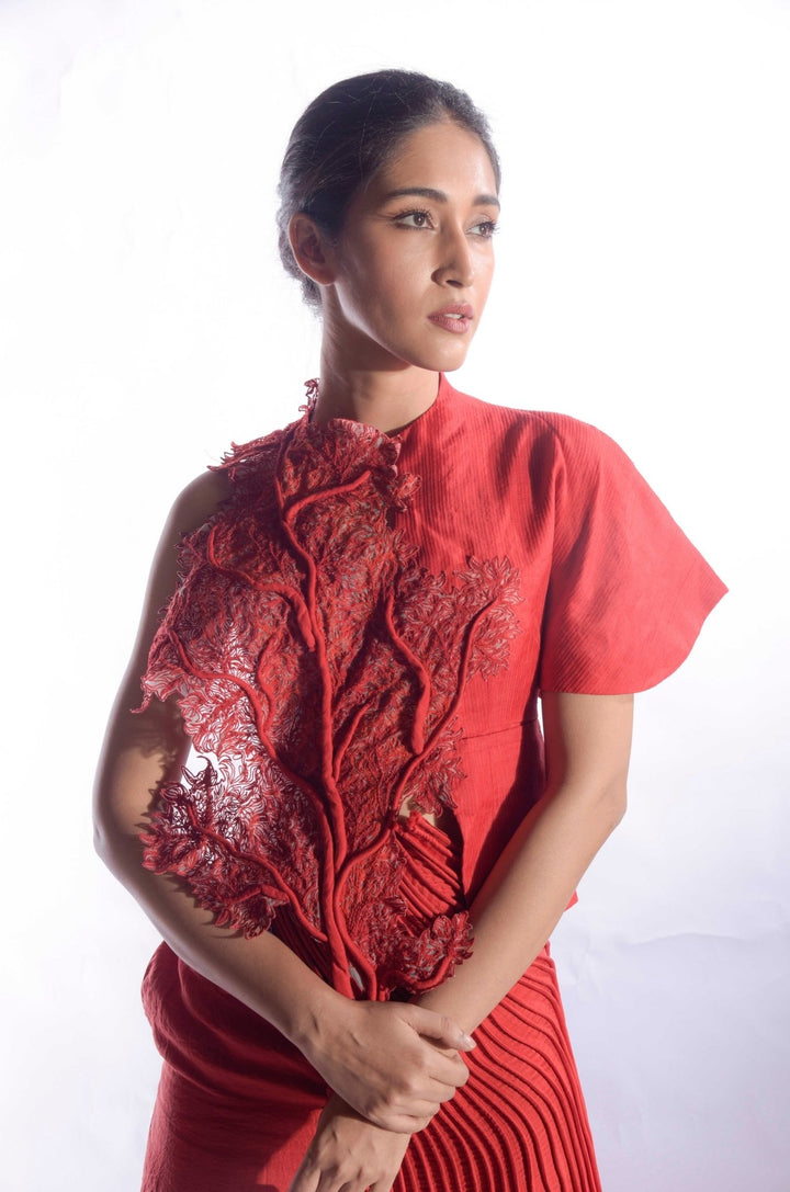 Red Coral Top with Asymmetric Sleeves