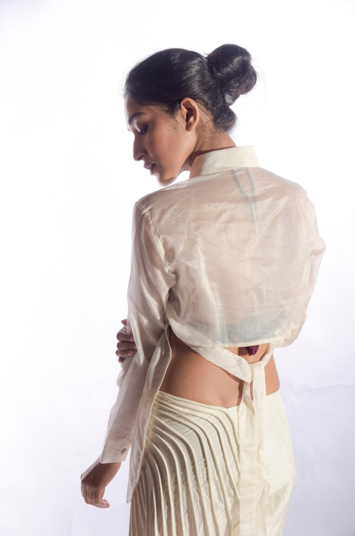 Asymmetrical Back Silk Shirt with Collar Belt