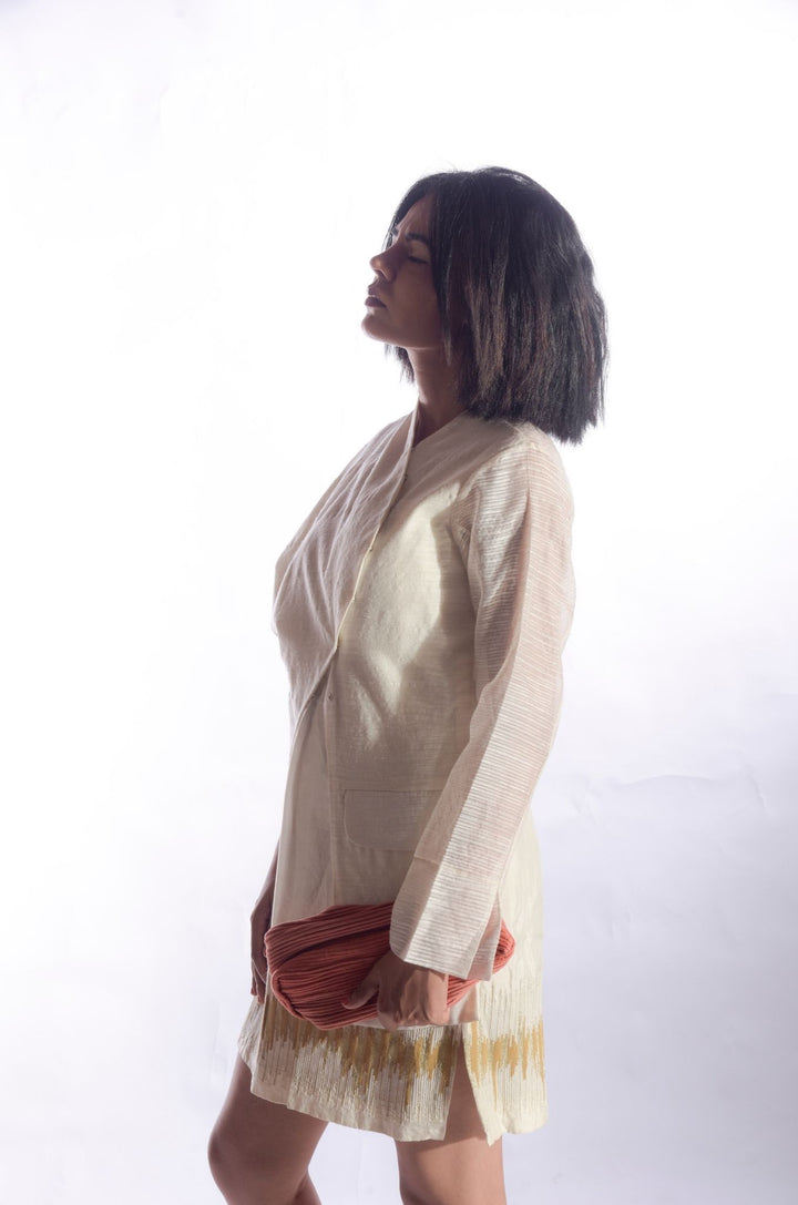 Asymmetrically tailored chanderi silk jacket