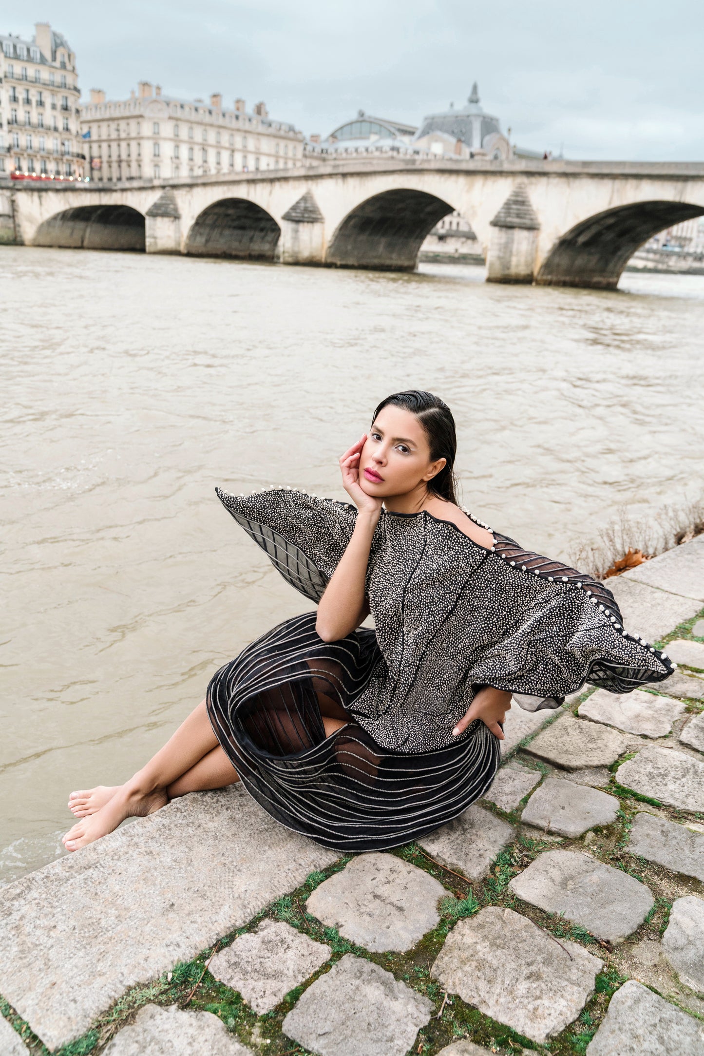 Black Embroidered and Corded Manta Ray Dress