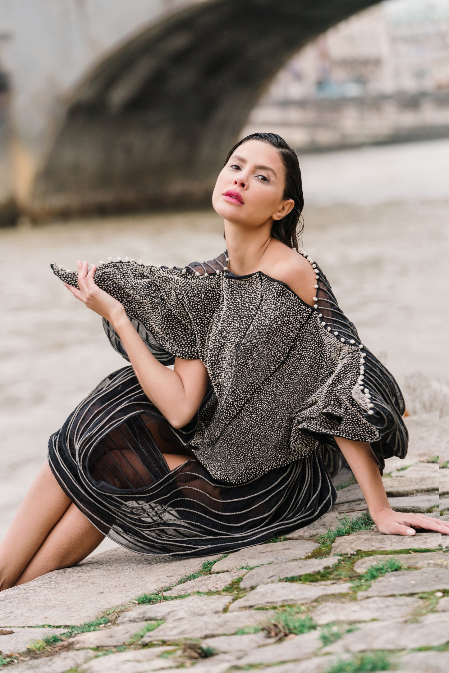 Black Embroidered and Corded Manta Ray Dress