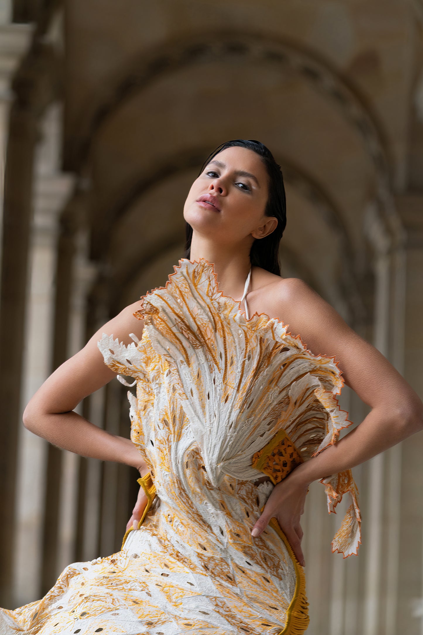 White and Mustard Coral Abyss Dress