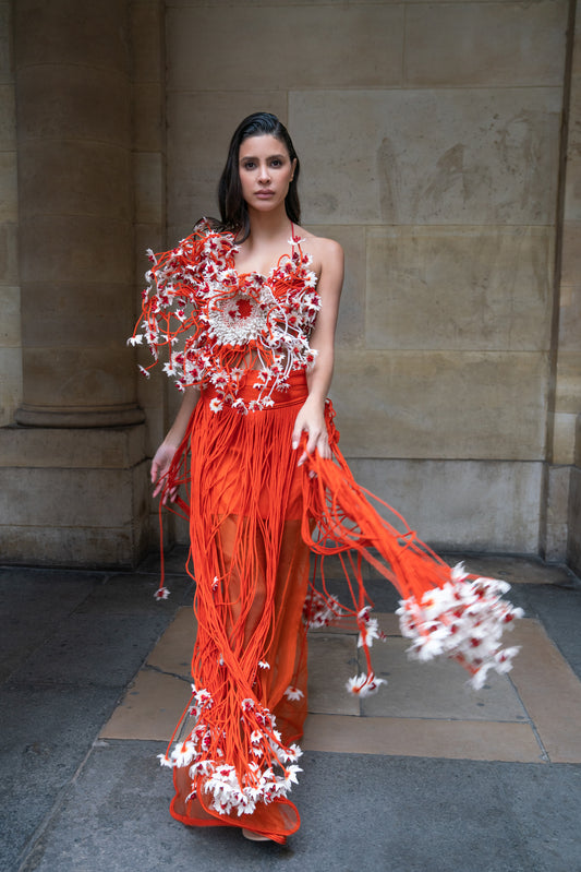 Orange and White Embroidered and Corded Set