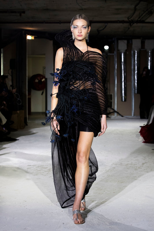 Black Corded Dress with Cobalt Blue Embroidery