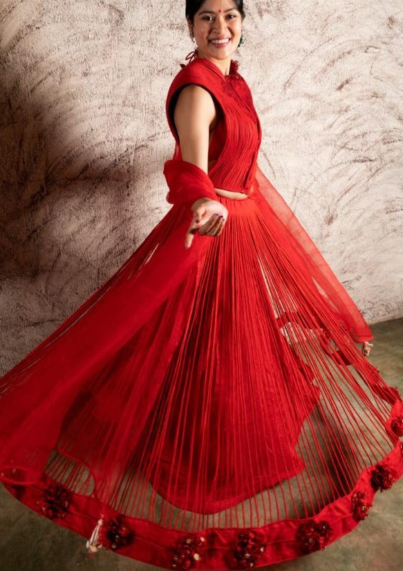 Red Corded Skirt Drape with Mushroom Texture