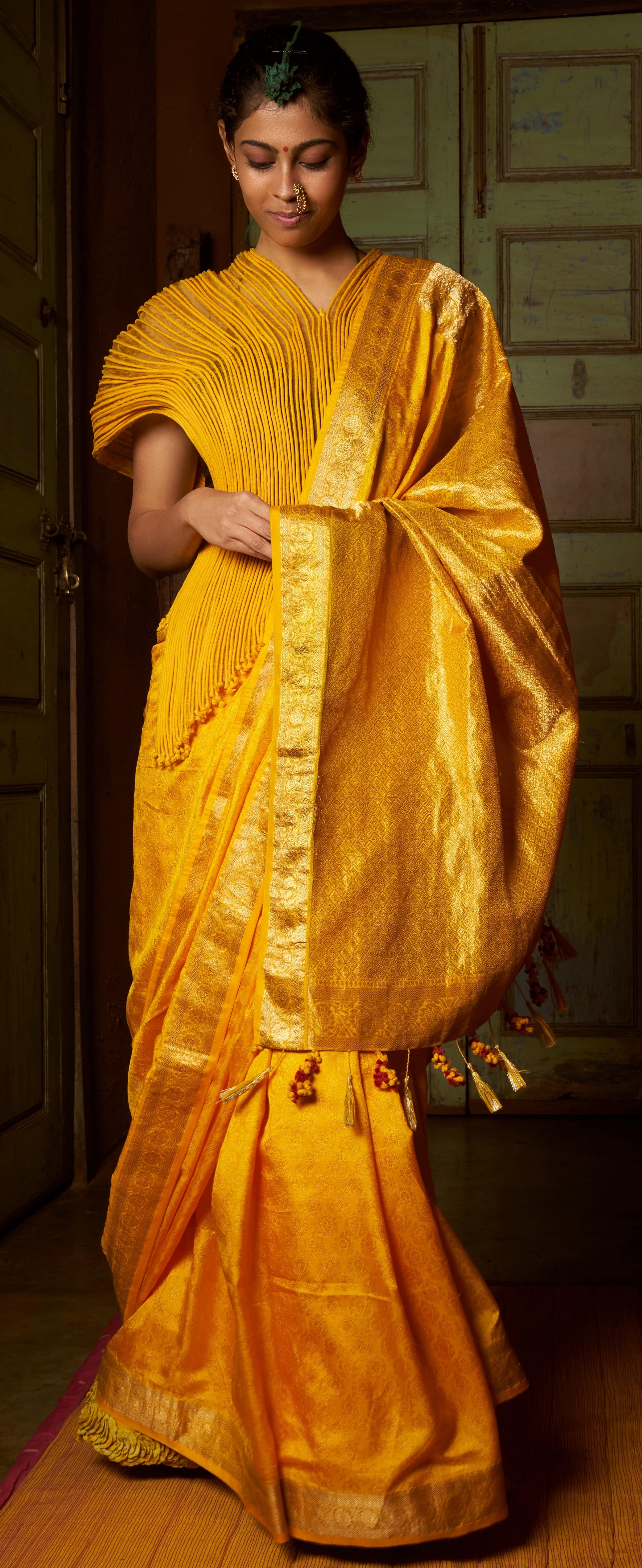 Taant Cotton Silk Yellow Jacquard Saree With Blouse Net sadi Banarasi DOLA  SILK Litchi Silk Satin