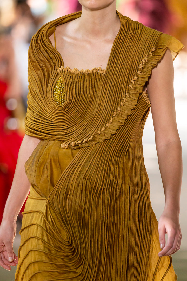 Mustard Corded Drape Gown